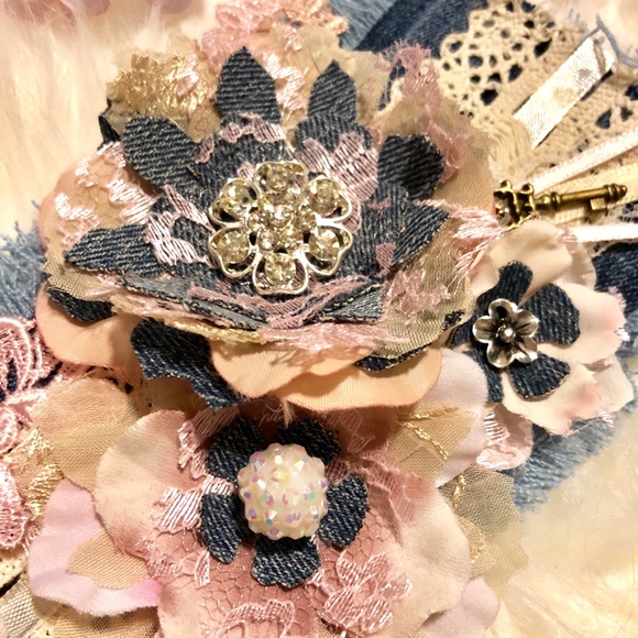 Denim Cuff Floral Pink Sabby Boho Chic Bracelet Handmade - Picture 4 of 8